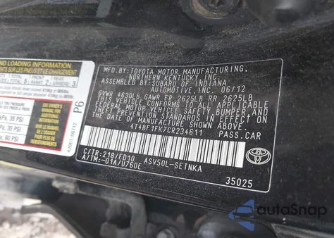 2012 Toyota Camry Le from USA, damaged, VIN 4T4BF1FK7CR234611